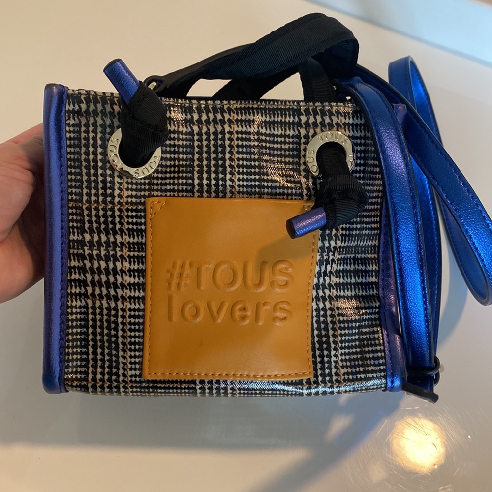 Tous Mini Bag in Black & White Gingham with Metallic Blue Trim and Mustard Patch